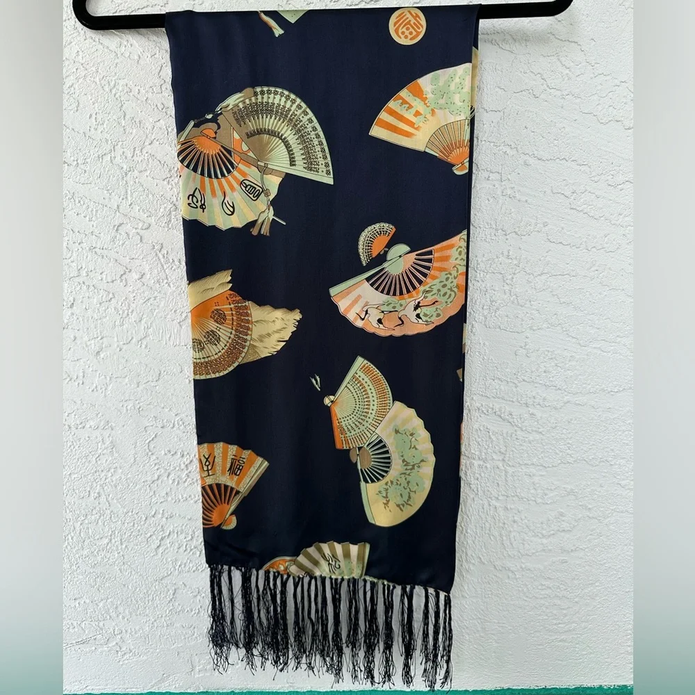 Scarf Silk Fan Pattern Fringe 44” X 10 1/2”